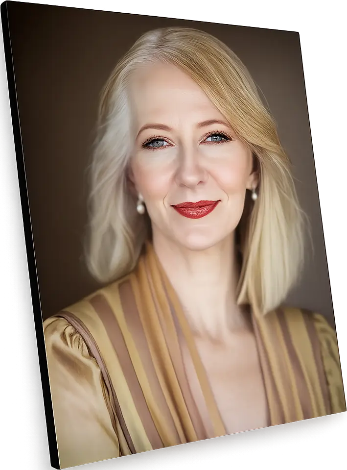 A smiling woman with shoulder-length blonde hair, wearing a beige and brown striped top, pearl earrings, and red lipstick, poses against a dark background. A smiling woman with shoulder-length blonde hair, wearing a beige and brown striped top, pearl earrings, and red lipstick, poses against a dark background.